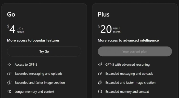 ChatGPT Go có giá tốt hơn so với ChatGPT Plus ChatGPT Go có giá tốt hơn so với ChatGPT Plus