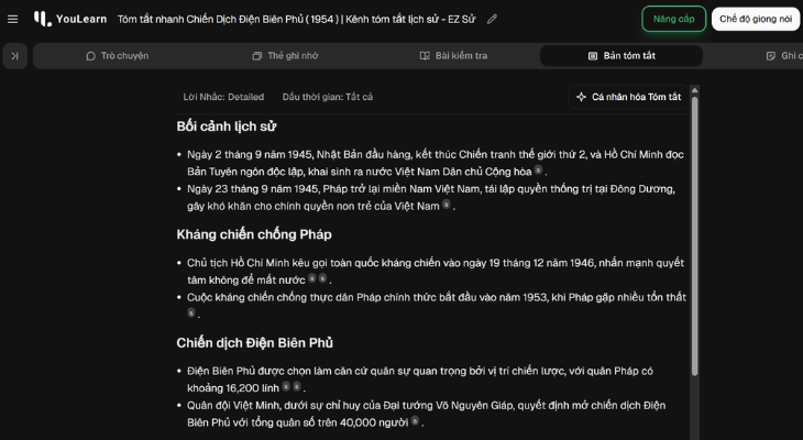 Kết quả bảng tóm tắt video Youtube bằng công cụ AI tự động