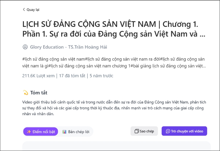 Kết quả tóm tắt video Youtube bằng Monica AI