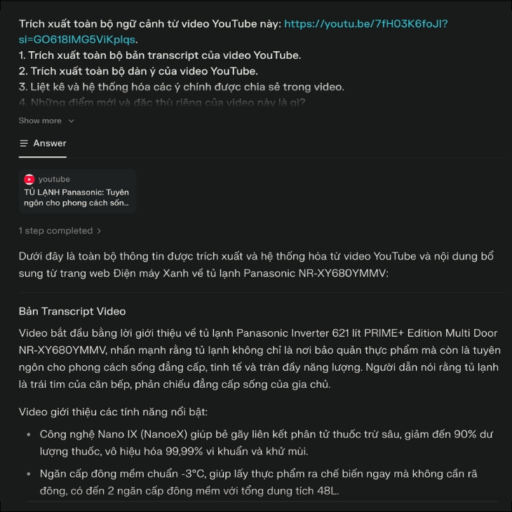 Kết quả tóm tắt video Youtube bằng Perplexity AI