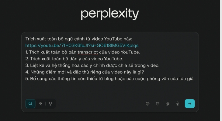 Nhập câu lệnh tóm tắt video Youtube bằng Perplexity