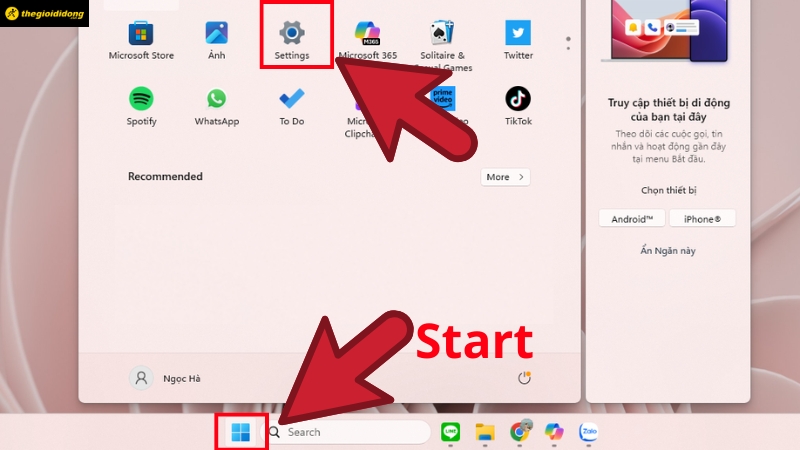  Nhấn Start > chọn Settings (C&agrave;i đặt)