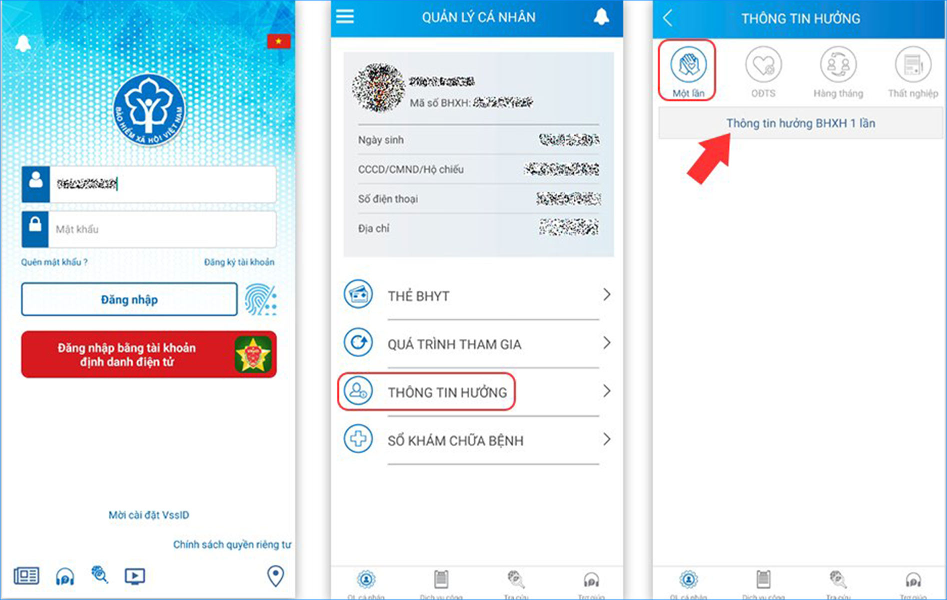 Đăng nhập VssID, vào Thông tin hưởng > Một lần để xem chi tiết mức hưởng BHXH 1 lần của bạn Đăng nhập VssID, vào Thông tin hưởng > Một lần để xem chi tiết mức hưởng BHXH 1 lần của bạn