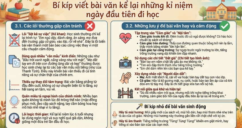Những lưu ý khi viết bài văn kể lại những kỷ niệm ngày đầu tiên đi học