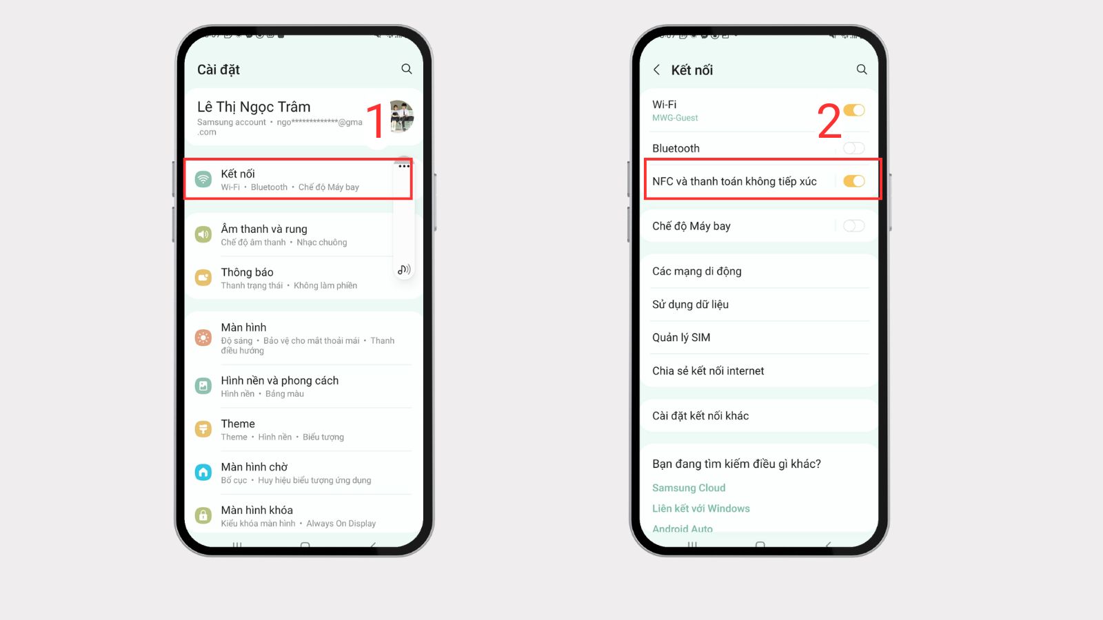 Chọn Kết nối > NFC v&agrave; thanh to&aacute;n kh&ocirc;ng tiếp x&uacute;c
