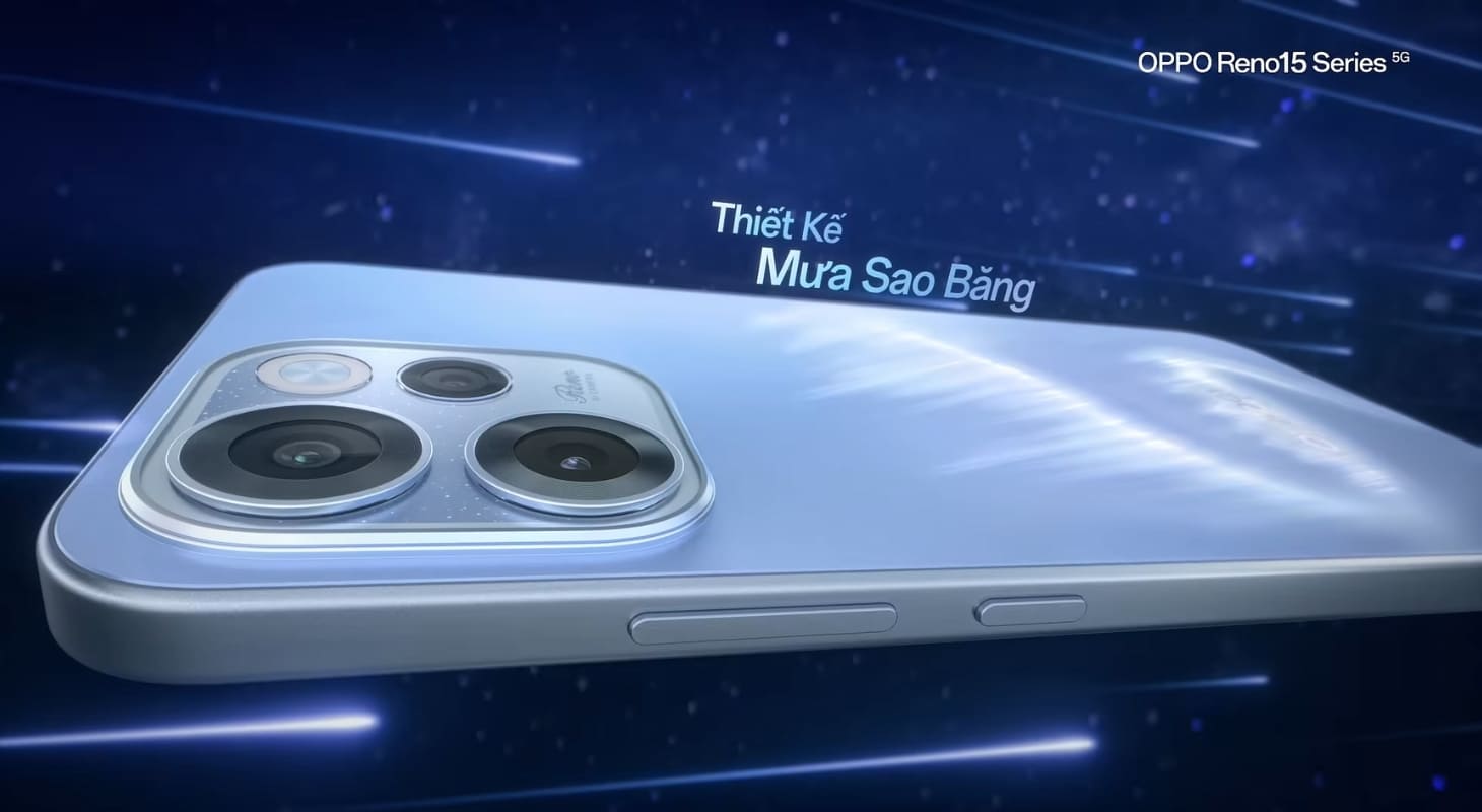 OPPO Reno15 Series sở hữu mặt lưng láng mịn, thiết kế mưa sao băng lấp lánh