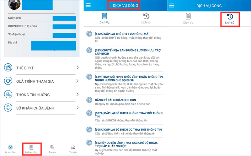 Mở ứng dụng VssID, đăng nhập và chọn Dịch vụ công, bấm chọn Lịch sử để xem tình trạng hồ sơ