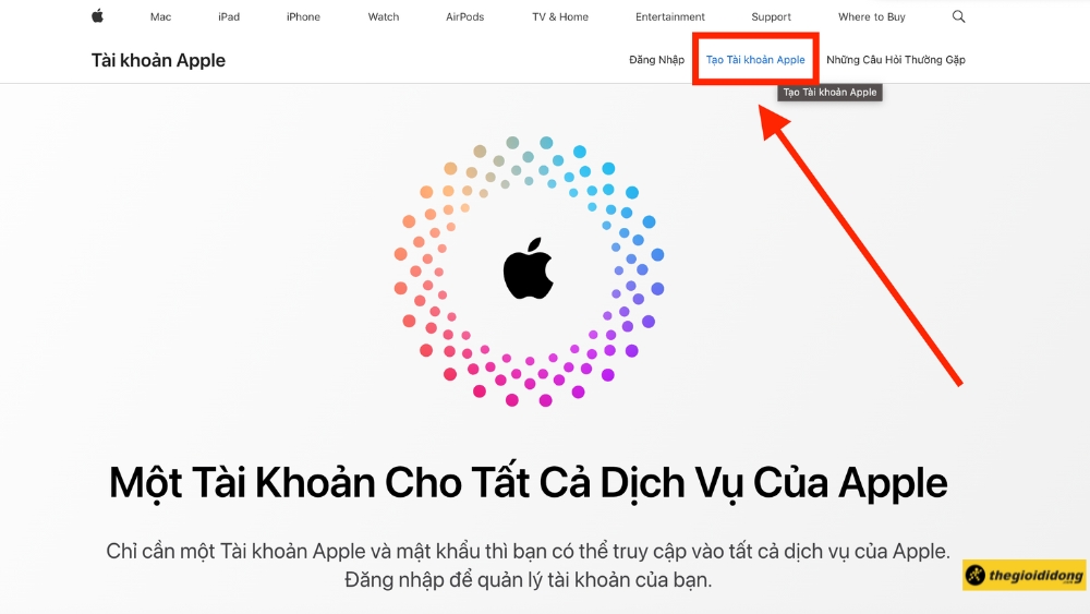 Nhấn vào tùy chọn Tạo tài khoản Apple Nhấn vào tùy chọn Tạo tài khoản Apple