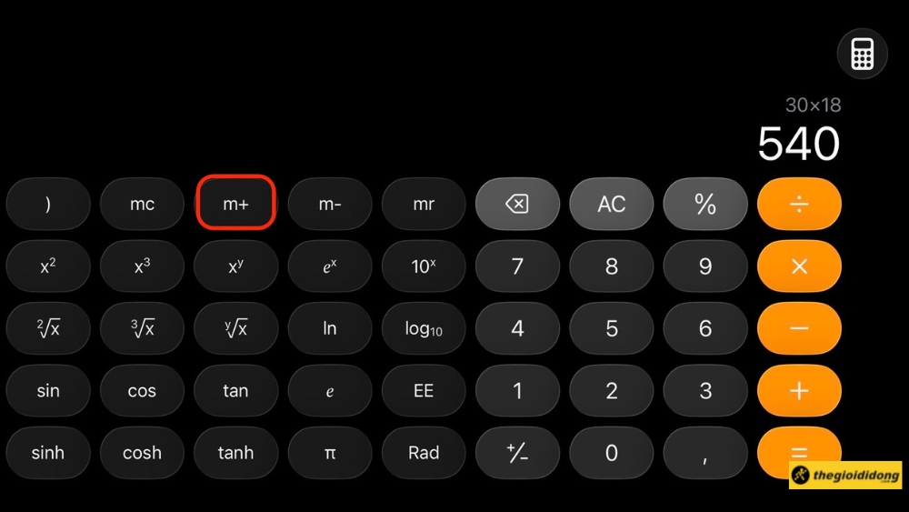Nhấn n&uacute;t "m+" (bộ nhớ cộng) để lưu tạm kết quả v&agrave;o bộ nhớ