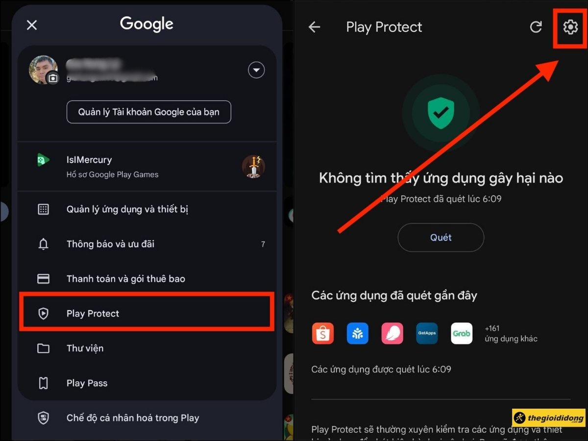 Chọn mục Play Protect > Nhấn v&agrave;o biểu tượng b&aacute;nh răng cưa