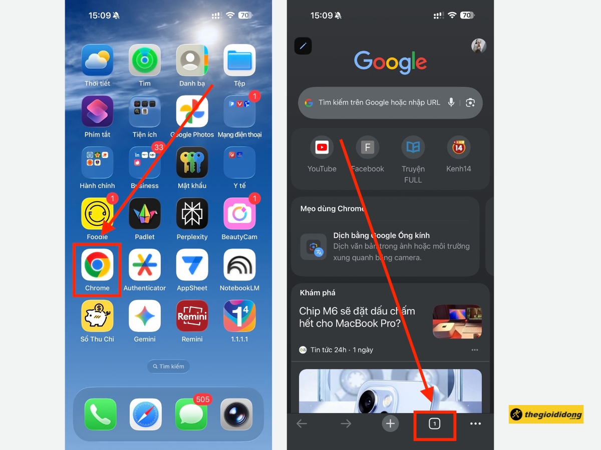Mở Chrome > Nhấn v&agrave;o biểu tượng Tab