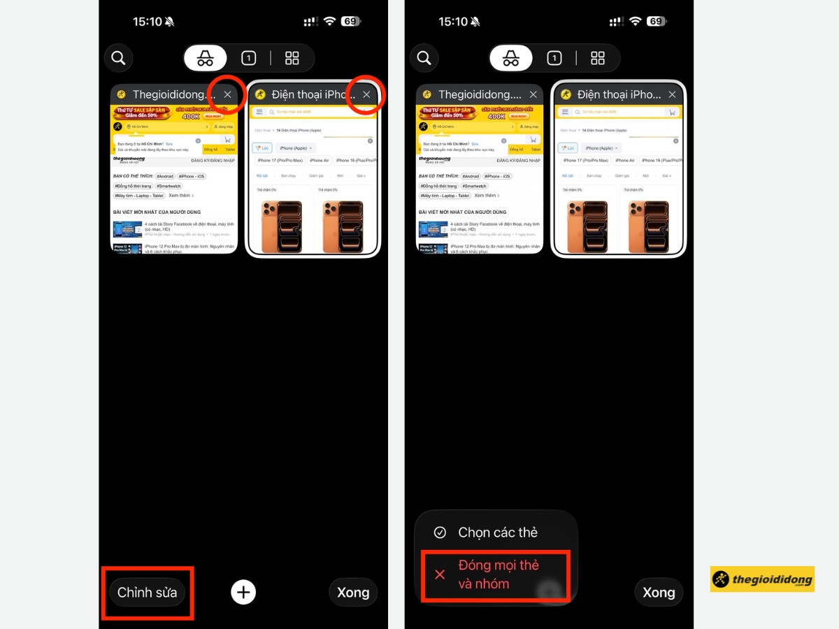 Nhấn v&agrave;o dấu "X" tr&ecirc;n mỗi tab để đ&oacute;ng