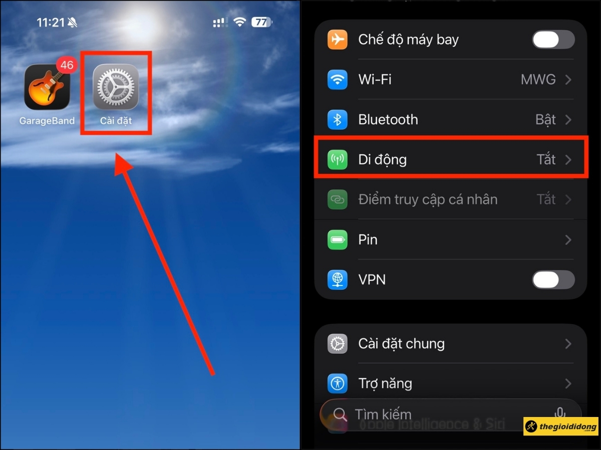 V&agrave;o C&agrave;i đặt > Chọn mục Di động