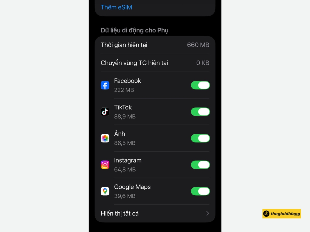 K&eacute;o xuống phần Dữ liệu di động