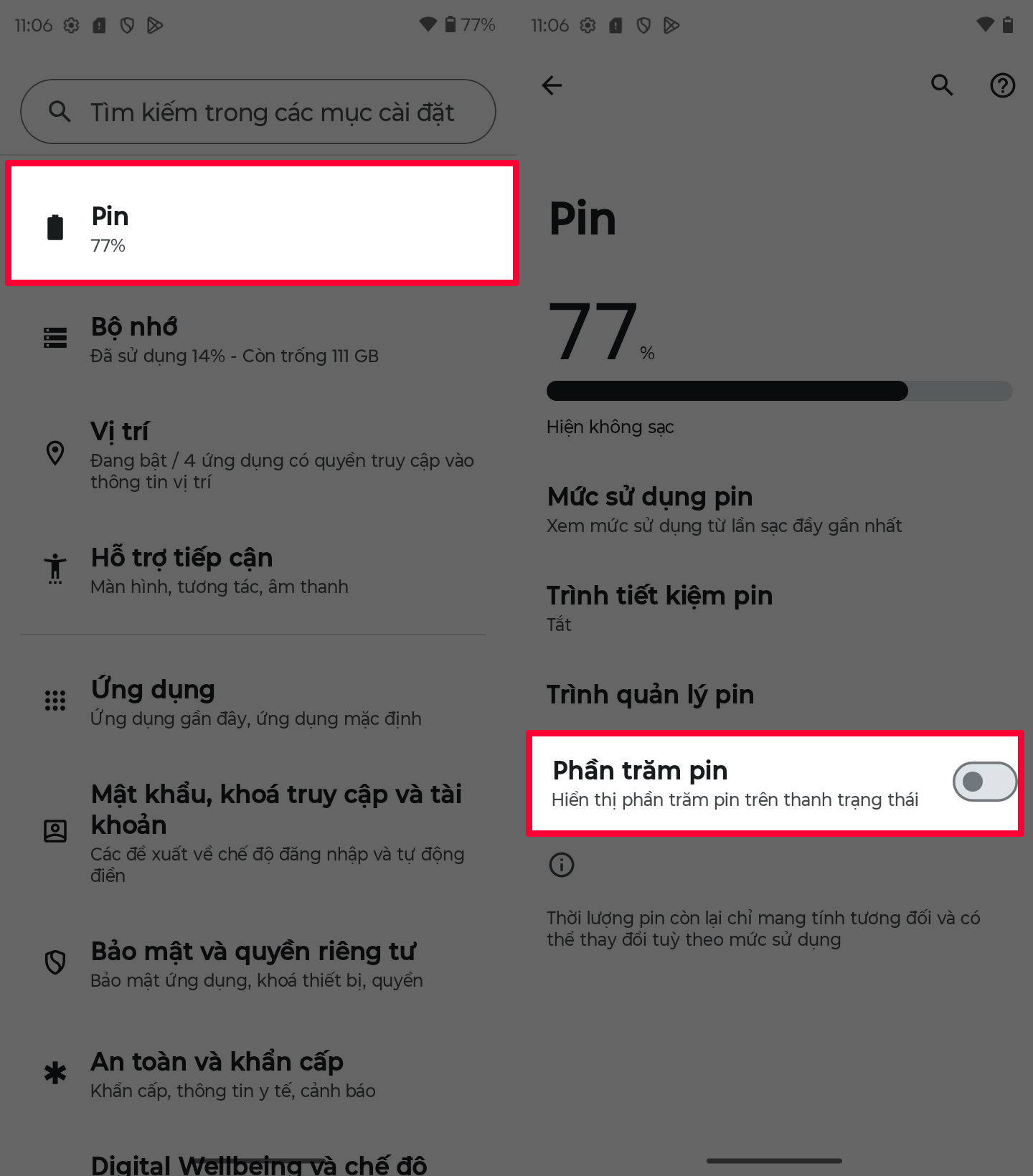 Cách bật hiển thị phần trăm pin trên motorola G06 Power