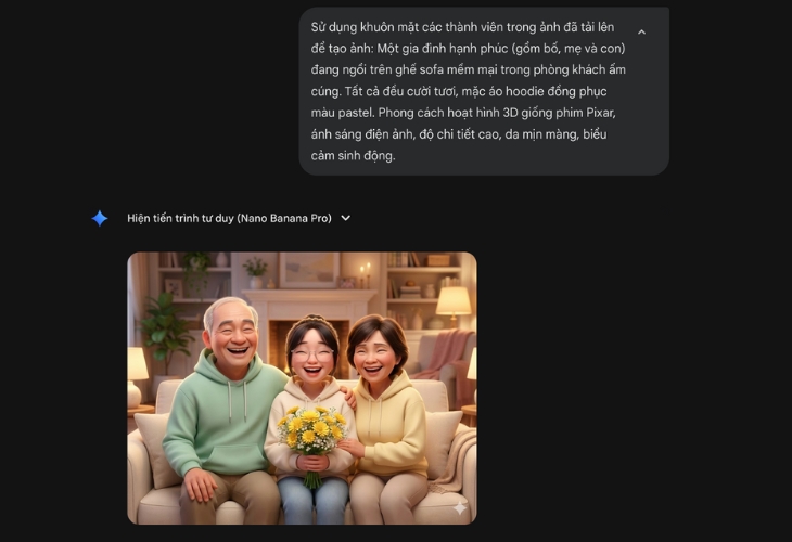 Kết quả từ prompt tạo ảnh gia đình mặc áo hoodie trên Gemini theo phong cách hoạt đình 3D
