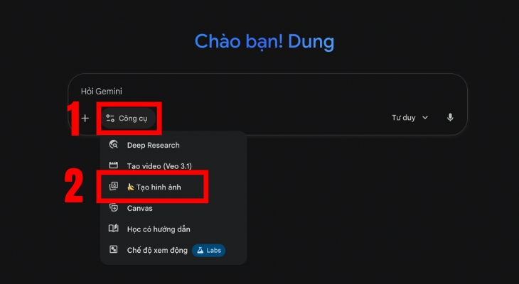 Chọn công cụ tạo hình ảnh trên Gemini