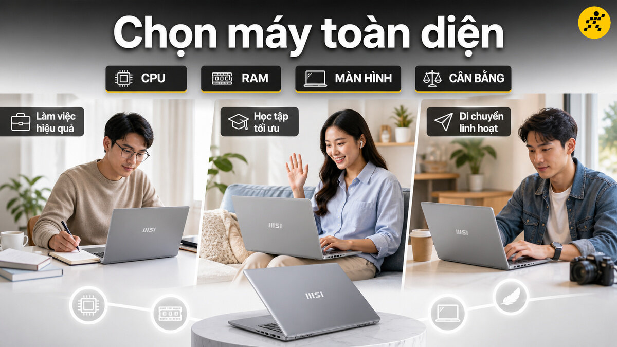 Ba người trẻ sử dụng laptop MSI Modern trong các tình huống khác nhau: làm việc hiệu quả, học tập tối ưu và di chuyển linh hoạt, với các biểu tượng CPU, RAM, màn hình và cân bằng được hiển thị.