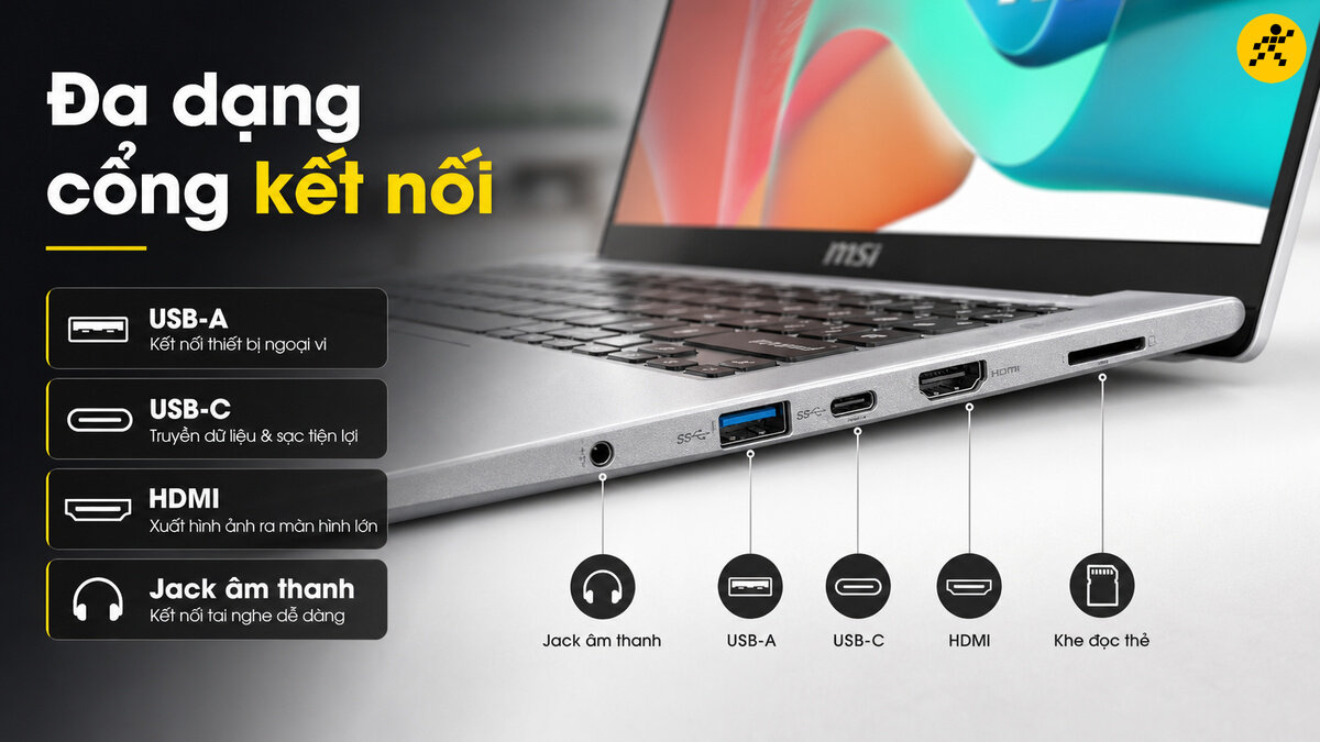 Cận cảnh các cổng kết nối đa dạng của laptop MSI Modern