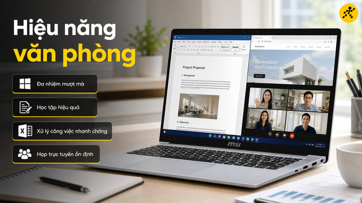 Laptop MSI Modern hiển thị giao diện làm việc văn phòng với các biểu tượng đa nhiệm, học tập, xử lý công việc và họp trực tuyến
