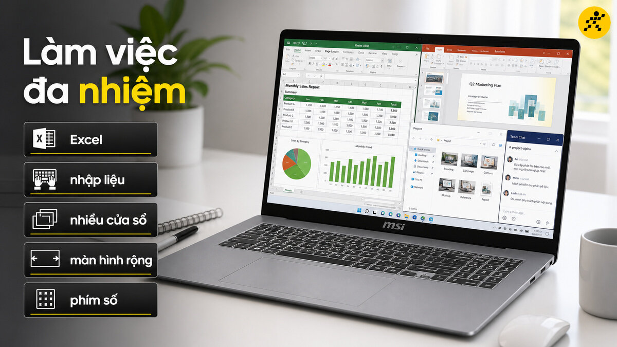 Chiếc laptop MSI Modern hiển thị giao diện làm việc đa nhiệm với các ứng dụng Excel, PowerPoint và cửa sổ chat, thể hiện khả năng xử lý công việc hiệu quả.
