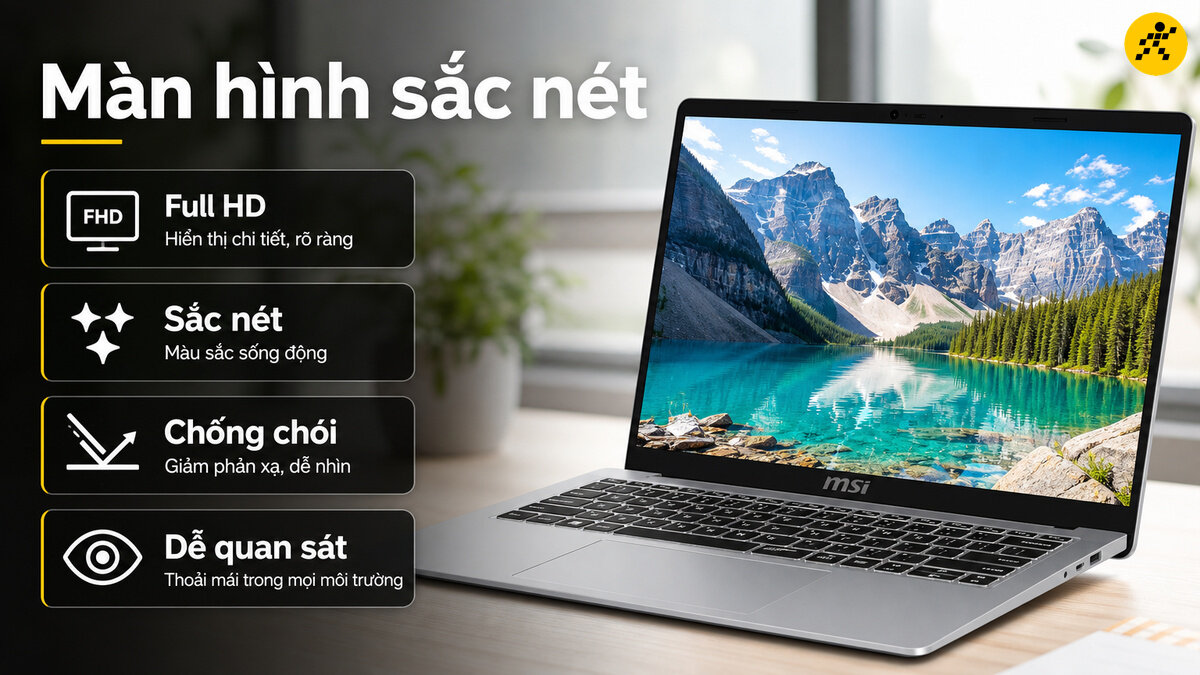 Màn hình laptop MSI Modern hiển thị hình ảnh phong cảnh núi hồ với độ phân giải Full HD, màu sắc sống động, chống chói và dễ quan sát.