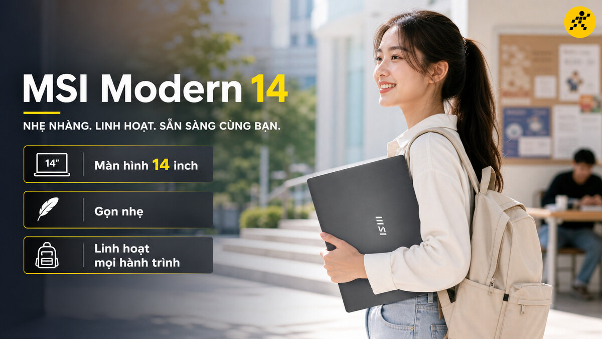 Cô gái trẻ trung cầm laptop MSI Modern 14 màu đen với ba lô beige trên vai, màn hình hiển thị 14 inch, gọn nhẹ và linh hoạt cho mọi hành trình.
