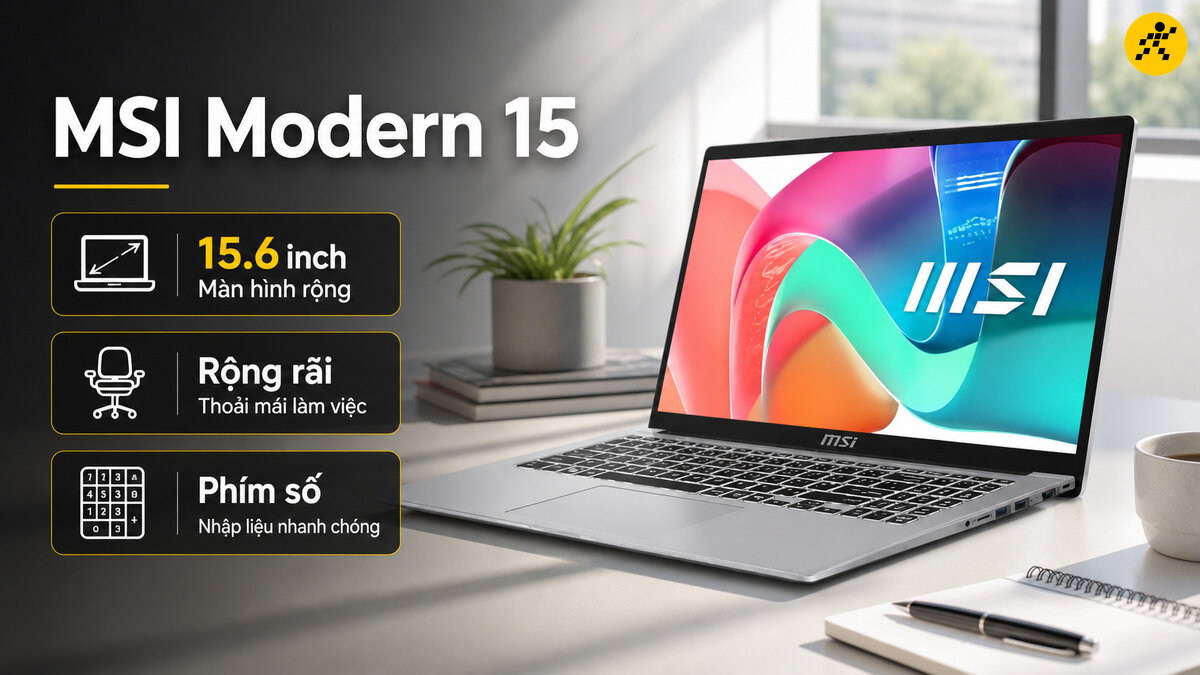 Laptop MSI Modern 15 với màn hình 15.6 inch, thiết kế gọn gàng cho không gian làm việc thoải mái và bàn phím số tiện lợi.
