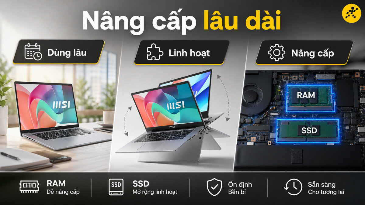 Laptop MSI Modern với khả năng nâng cấp RAM và SSD dễ dàng