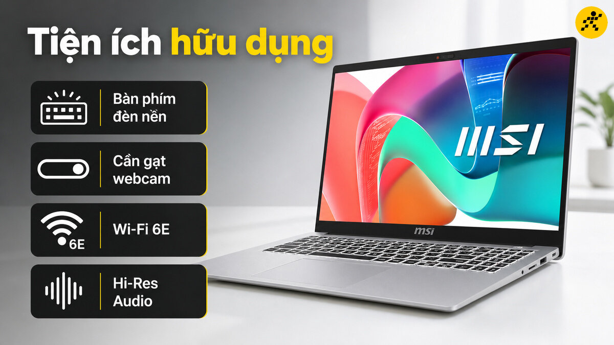 Laptop MSI Modern với các tiện ích như bàn phím đèn nền, cần gạt webcam, Wi-Fi 6E và âm thanh Hi-Res