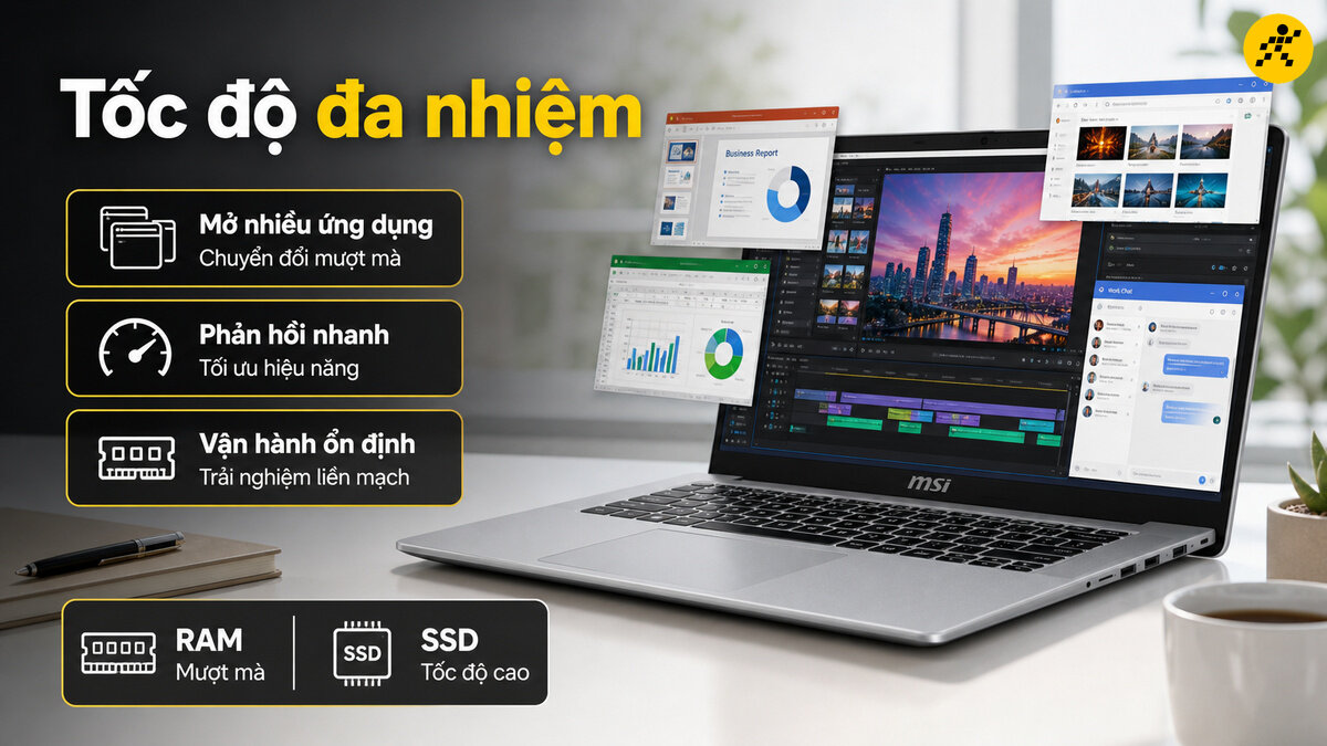 Laptop MSI Modern hiển thị giao diện đa nhiệm với nhiều ứng dụng đồ họa, video và báo cáo