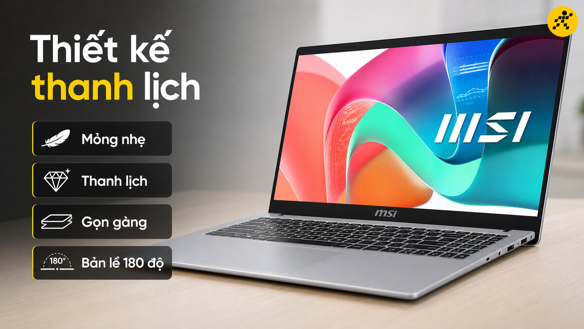 Laptop MSI Modern viền mỏng, mỏng nhẹ, bản lề 180 độ