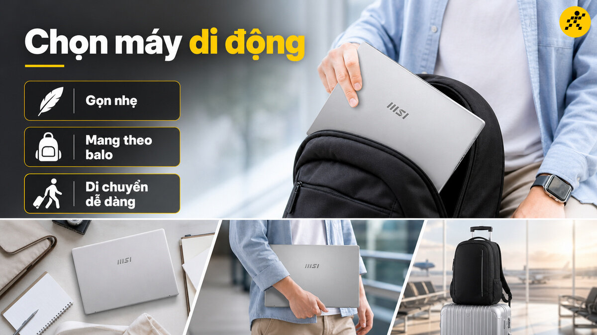 Người dùng đặt máy tính xách tay MSI Modern vào balo, cùng với các biểu tượng về trọng lượng nhẹ, khả năng mang vác và di chuyển dễ dàng.