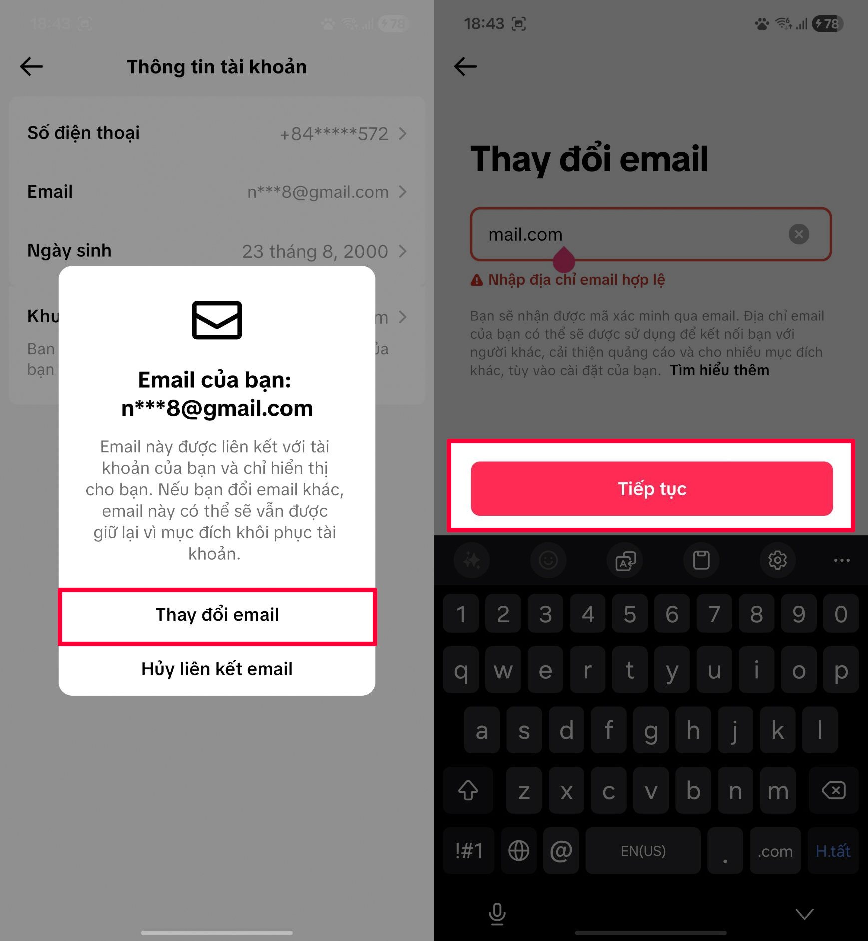 Cách Đổi Email Liên Kết Tiktok
