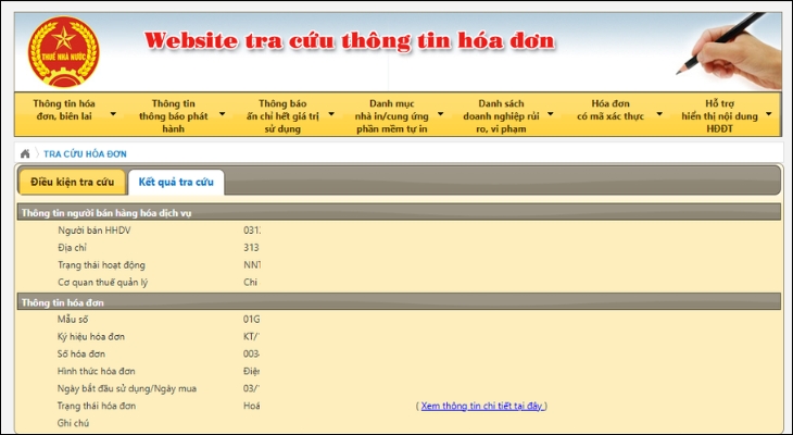 Kết quả hiển thị hóa đơn tra cứu hợp lệ