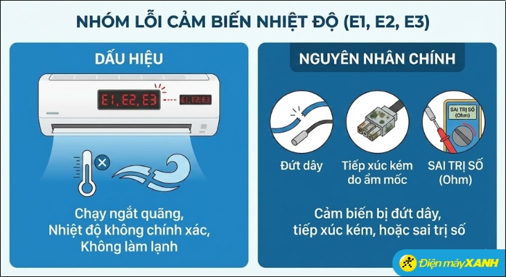 Khi gặp lỗi cảm biến, máy lạnh thường có biểu hiện chạy ngắt quãng liên tục, nhiệt độ không chính xác hoặc không làm lạnh