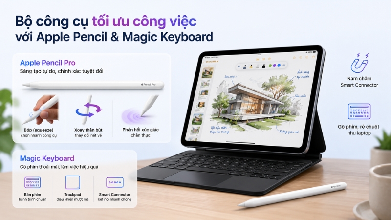 iPad Air kết hợp với Apple Pencil và Magic Keyboard iPad Air kết hợp với Apple Pencil và Magic Keyboard