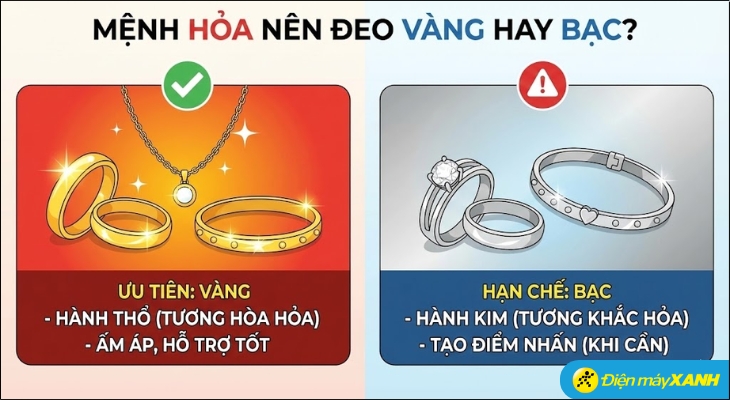 Mệnh Hỏa nên đeo trang sức vàng vì sắc vàng thuộc hành Thổ và có sự tương hòa với Hỏa, từ đó mang lại cảm giác ấm áp, dễ chịu