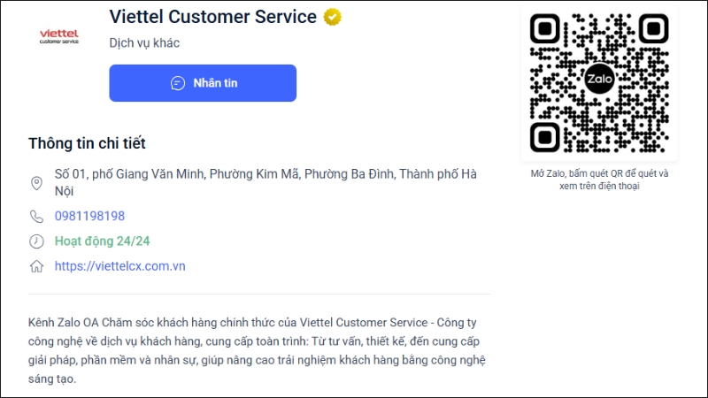 T&ocirc;̉ng đài Viettel CSKH qua Zalo