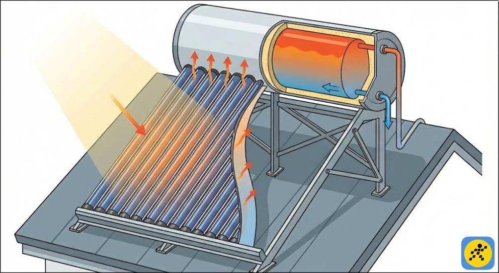Cấu tạo máy nước nóng năng lượng mặt trời gồm 3 bộ phận chính: bình chứa nước nóng, bộ phận hấp thụ nhiệt (ống thủy tinh) và chân đế