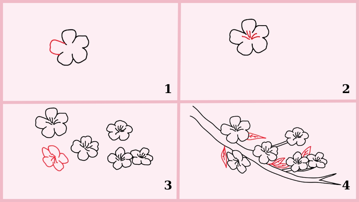Bước 1: Phác thảo cánh hoa đào với những nét cong mềm mại