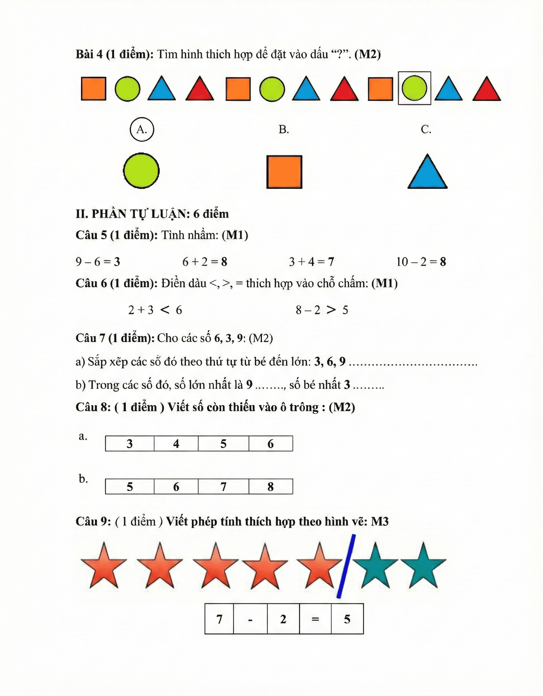 Đáp án đề ôn toán lớp 1 học kì 1