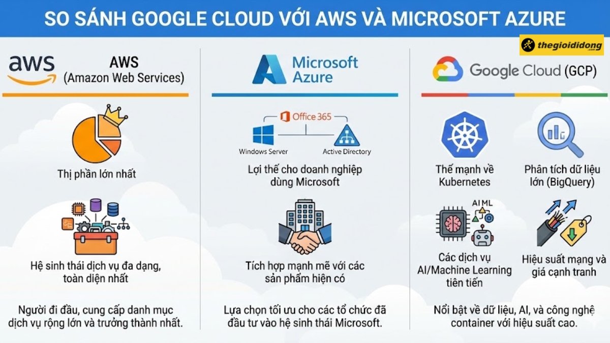 So s&aacute;nh Google Cloud với AWS v&agrave; Microsoft Azure
