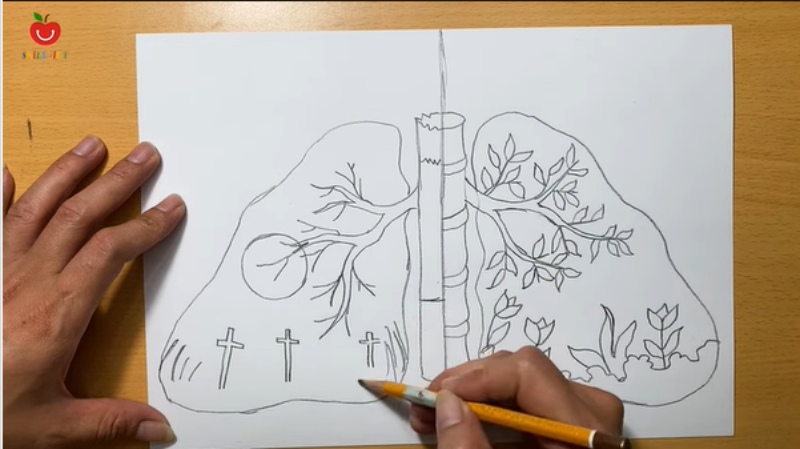 Bước 2: Phác thảo bố cục hai bên với hình ảnh lá phổi