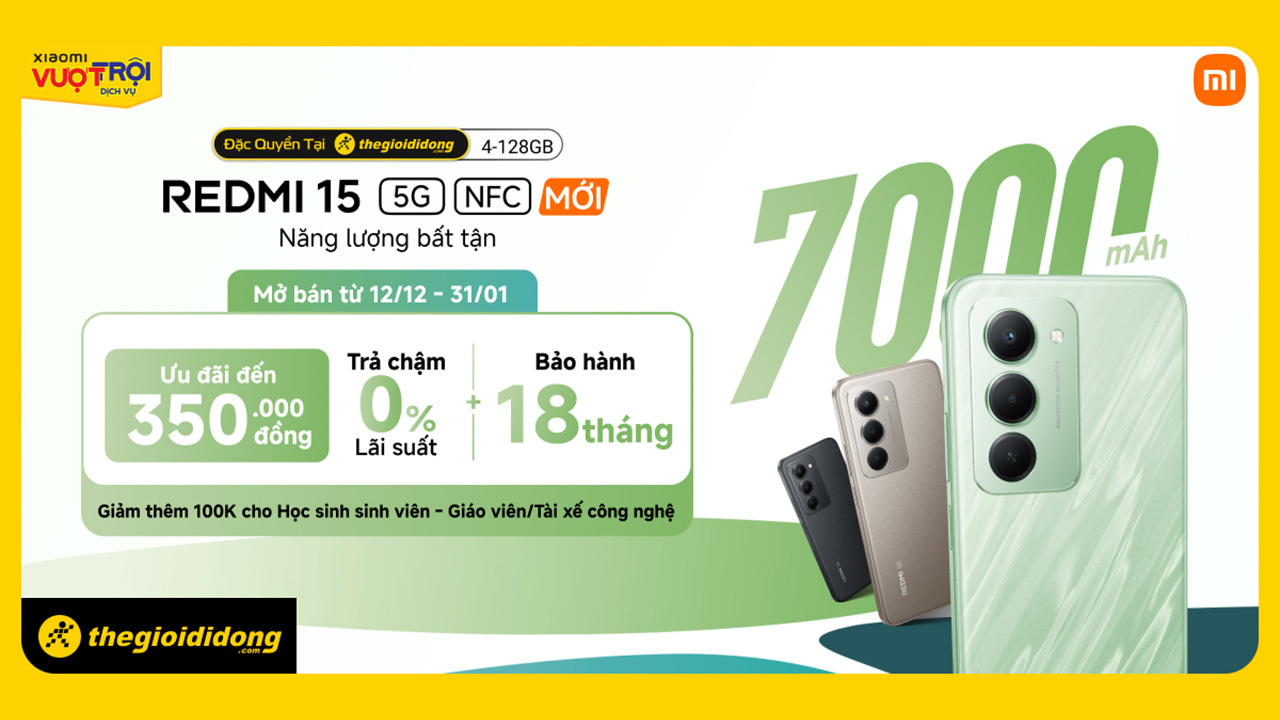 Hotsale mở bán Redmi 15 5G: Ưu đãi từ 300K, trả chậm 0% lãi suất, bảo hành dài đến 18 tháng