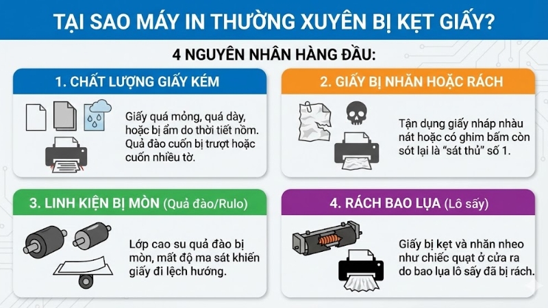 M&aacute;y in bị kẹt c&oacute; thể do chất lượng giấy k&eacute;m