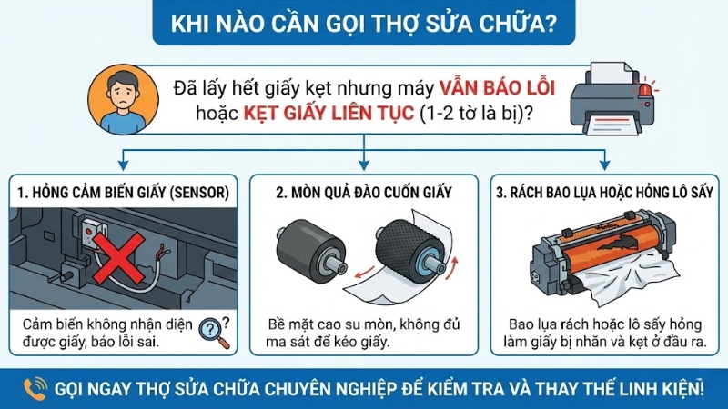 Nếu bạn đ&atilde; lấy hết giấy kẹt ra nhưng m&aacute;y vẫn b&aacute;o lỗi h&atilde;y gọi thợ sửa