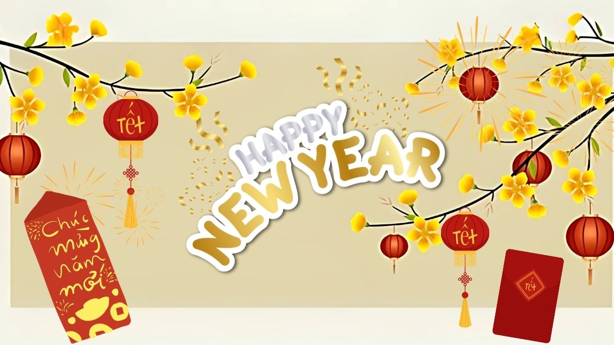 Background Tết Nguyên Đán 2026 chủ đề hoa mai hoa đào