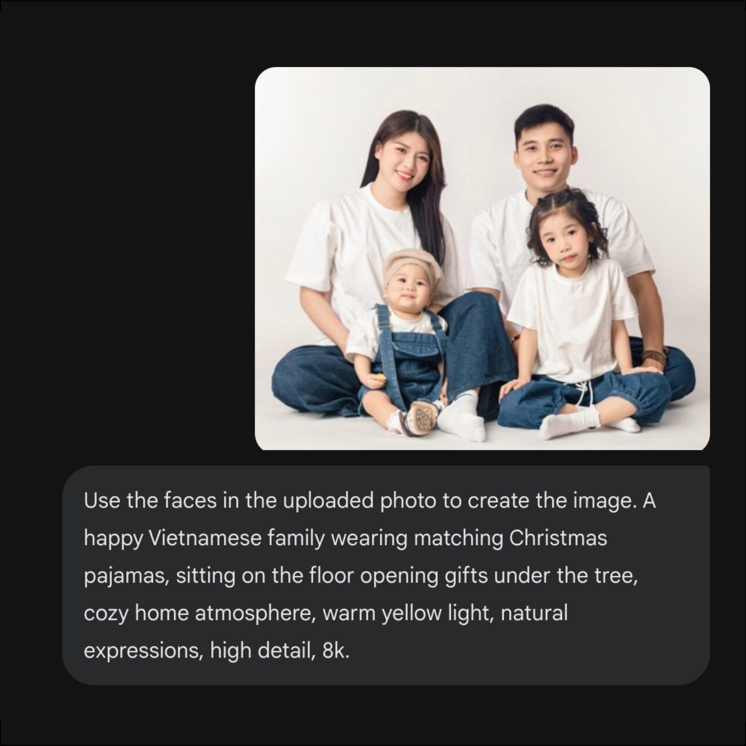 Viết câu lệnh tạo ảnh gia đình đêm Noel, sử dụng ảnh thật để thay thế gương mặt