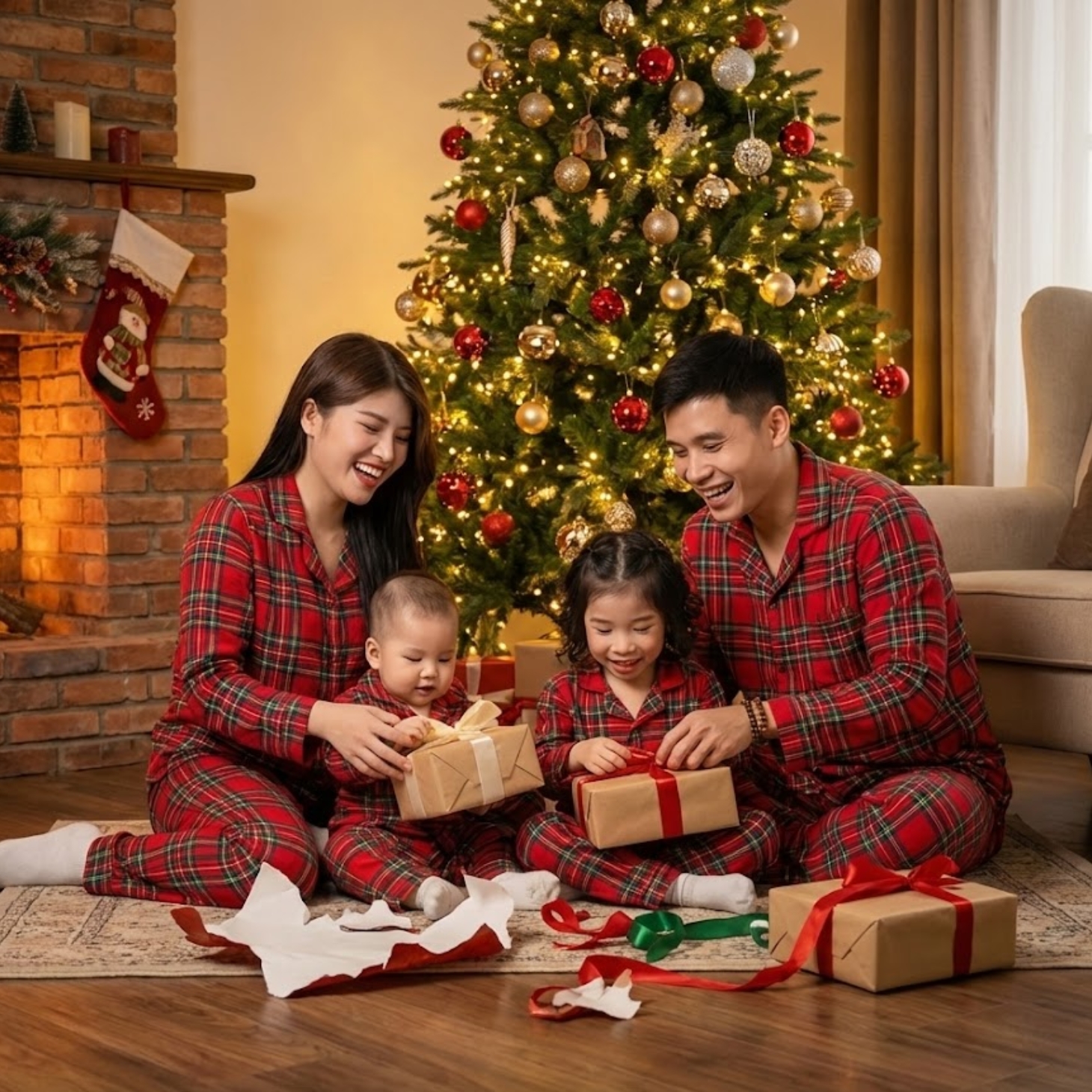 Ảnh gia đình quây quần mở quà Giáng sinh, được tạo bởi AI